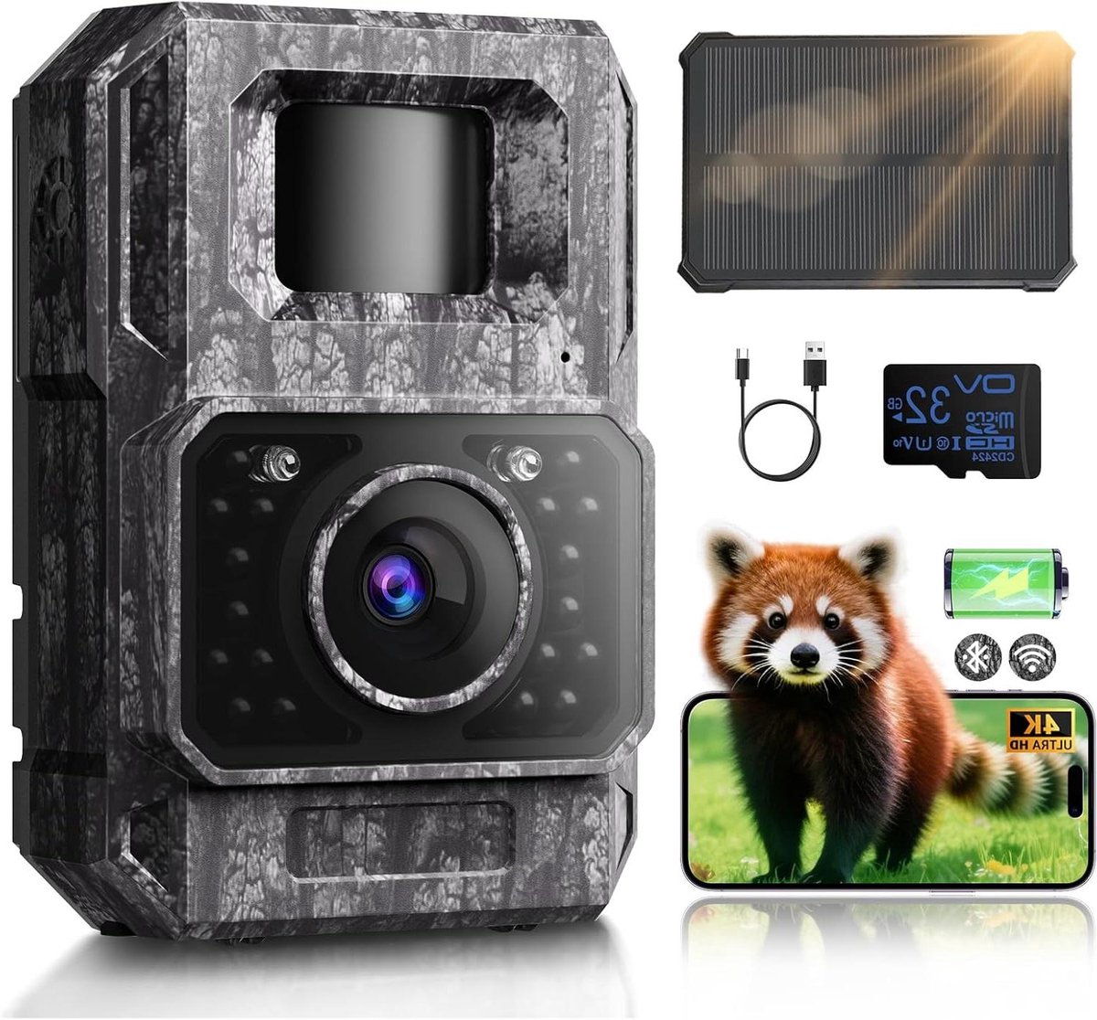 Wildcamera - Natuurcamera Observatie - Dieren Leven Vastleggen - Zonne-energie Wifi App - 64MP 4K Video - Taupe