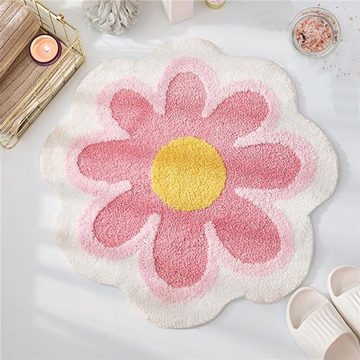 Badkamerkleedje/badmat tapijt - Badmat - Badkamermat Bloem - Antislip Microvezel Badmat - Zachte Badkamerkleed - Wasbare Douchemat 40 x 40 cm - Roze
