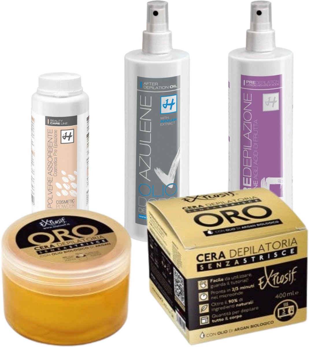 Brazilian Wax Set Deluxe voor Thuis – Hot Wax voor in de Magnetron – Waxen Zonder Strips + Pre-Wax Lotion + Pre-Wax Poeder + After Wax Olie – Complete ontharingsset lichaam & intieme zone