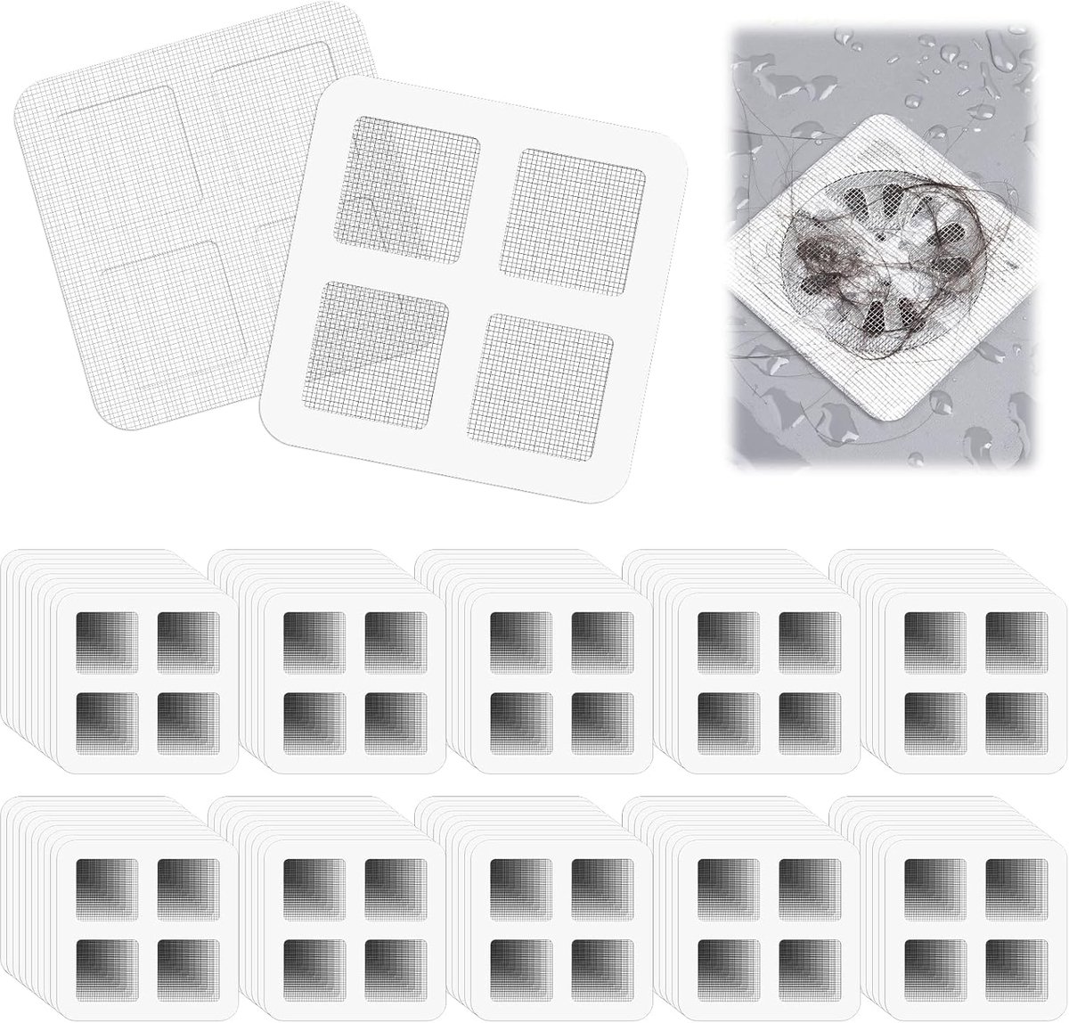 SnelShoppen - 100 Stuks Doucheafvoer Haarvangers, 10x10cm Wegwerp Afvoerstickers, Afvoer Haar Vangers voor Wastafel, Douche, Keuken, Badkuip, Makkelij