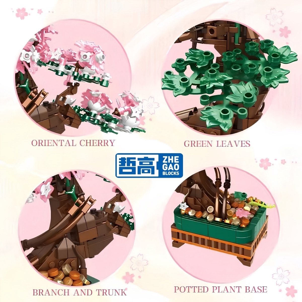 Zhe Gao 99138 Japanse 3 in 1 bloemen plantje bouwset | Botanical Bonsai | Sakura Flowers Collection | Classic Creator STEM speelgoed bouwpakket voor volwassenen en kinderen | Decoratie modelbouw niet geschikt voor lego | Bouwdoos met 700 bouwstenen — afbeelding 4