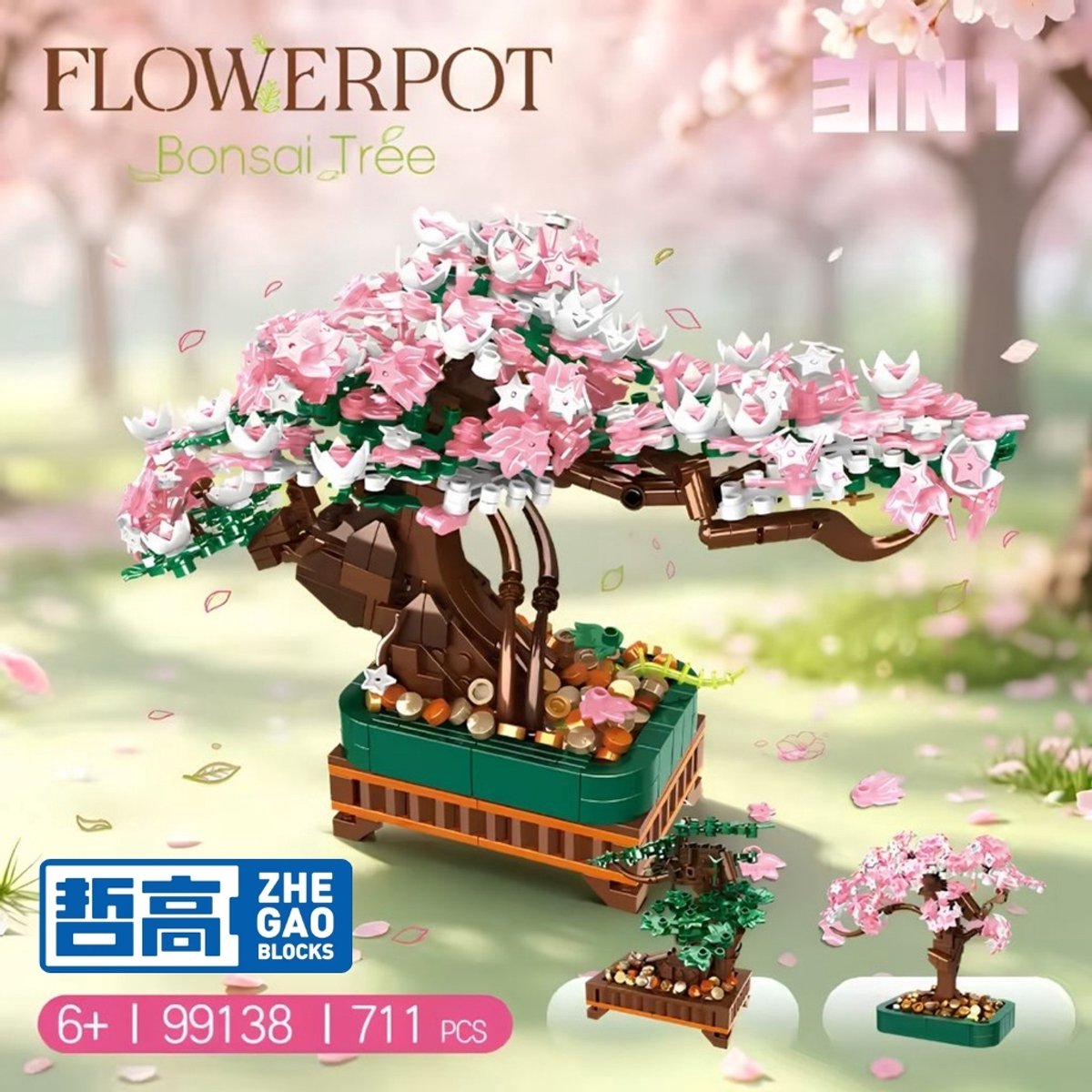 Zhe Gao 99138 Japanse 3 in 1 bloemen plantje bouwset | Botanical Bonsai | Sakura Flowers Collection | Classic Creator STEM speelgoed bouwpakket voor volwassenen en kinderen | Decoratie modelbouw niet geschikt voor lego | Bouwdoos met 700 bouwstenen — afbeelding 2