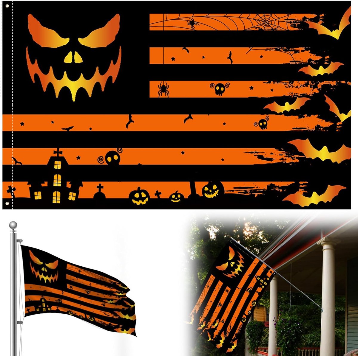 SnelShoppen - Outdoor Eng Grijnzende Pompoen Vlaggen - Halloween Decoratie van Polyester - Weerbestendige Tuinvlaggen voor Feestjes en Buitengebruik -