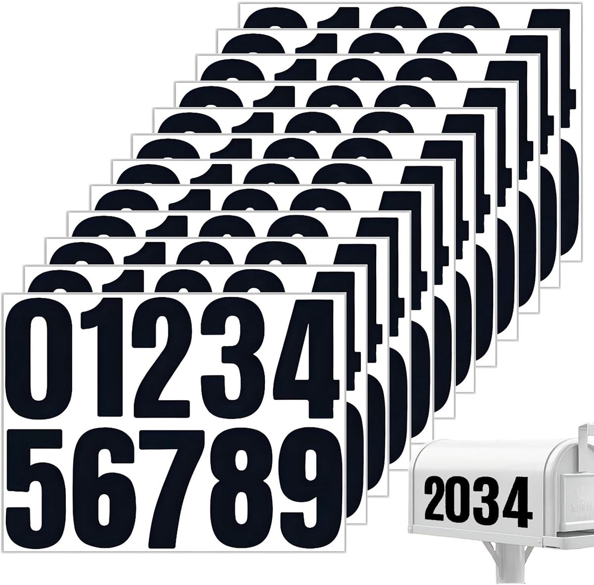 SnelShoppen - 12 Vel Zwarte Nummer Stickers 10 cm, Zelfklevende Huisnummers, Weerbestendig, Grote Cijfers voor Postkasten, Bordjes, Huisnummers en Afv