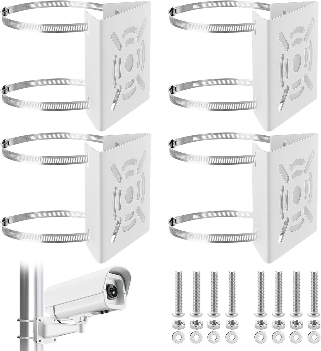 4 sets of mast holder surveillance camera, vertical rod holder with 8 adjustable loops Ø 200 mm, stainless steel ring - ShopVlot