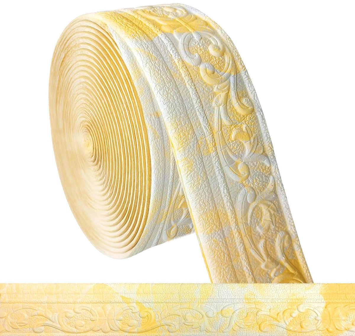 SnelShoppen - Zelfklevende Muurdecoratie 10 m x 8 cm x 5 mm, 3D Stucwerk Moulding, Waterdicht Wandborder Geel Wit, Ideaal voor Hoeken en Plafonddecora