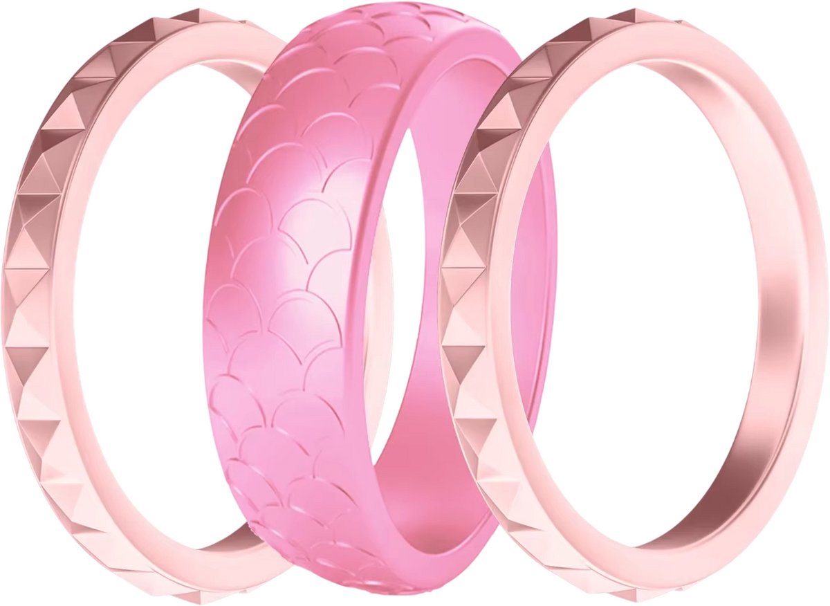 Set van 3 Siliconen Ringen voor Dames – Flexibele Hypoallergene Sport Ringen, Trouwring Alternatief, Comfortabele Vinger Sieraden voor Dagelijks Gebruik - Roze - Maat 9