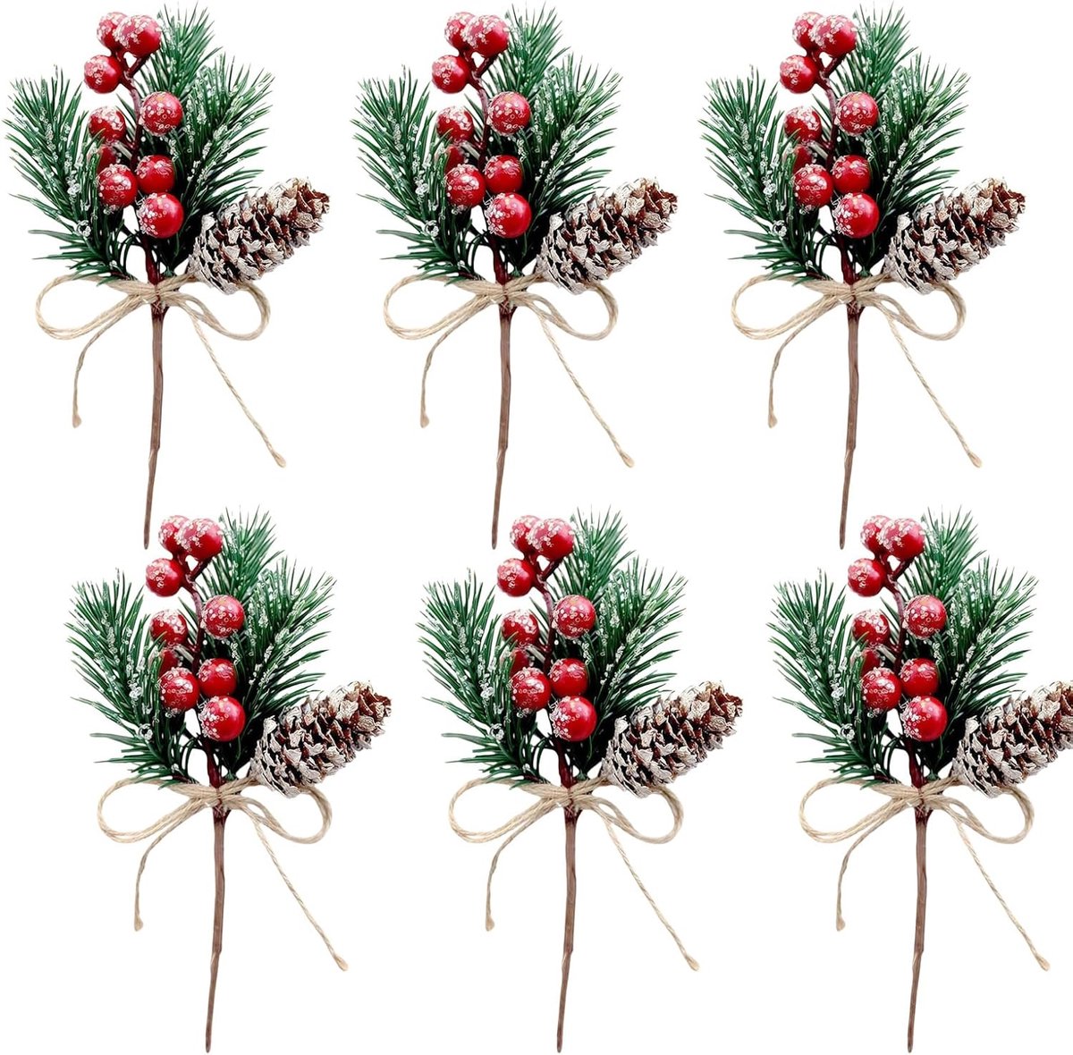 Kerstdecoratie Bessenstelen 6 Stuks - Kunststof met dennenappels - Realistisch en sneeuwbedekt - ShopVlot