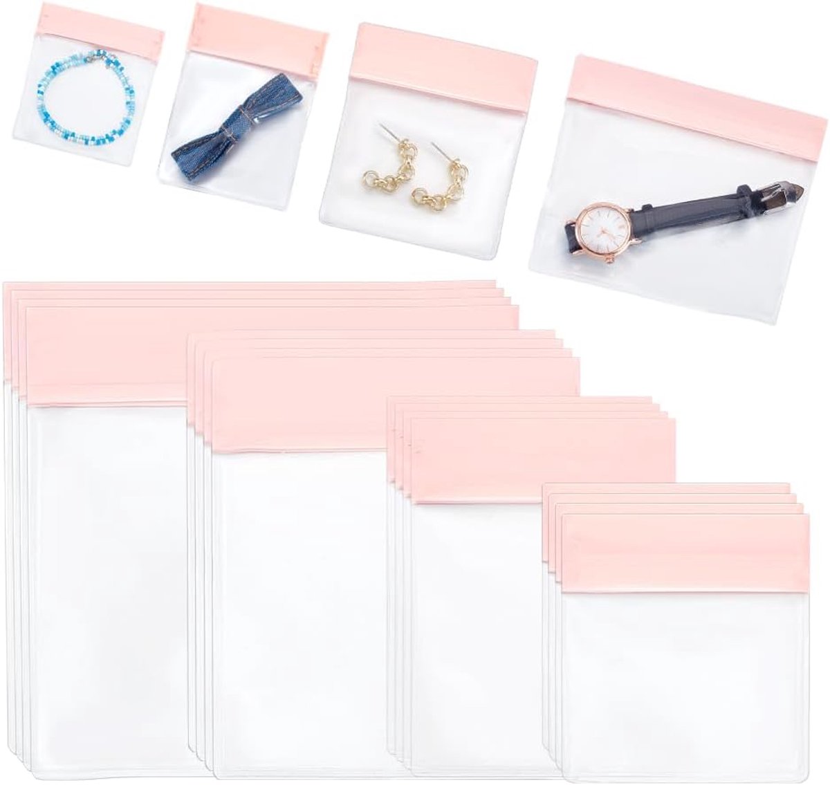 SnelShoppen - 32 Stuks EVA Anti-tarnish Sieraden Tassen, 4 Groottes Resealable Roze Zipper Pouches voor Kettingen Oorbellen Armbanden, Jewelry Organiz