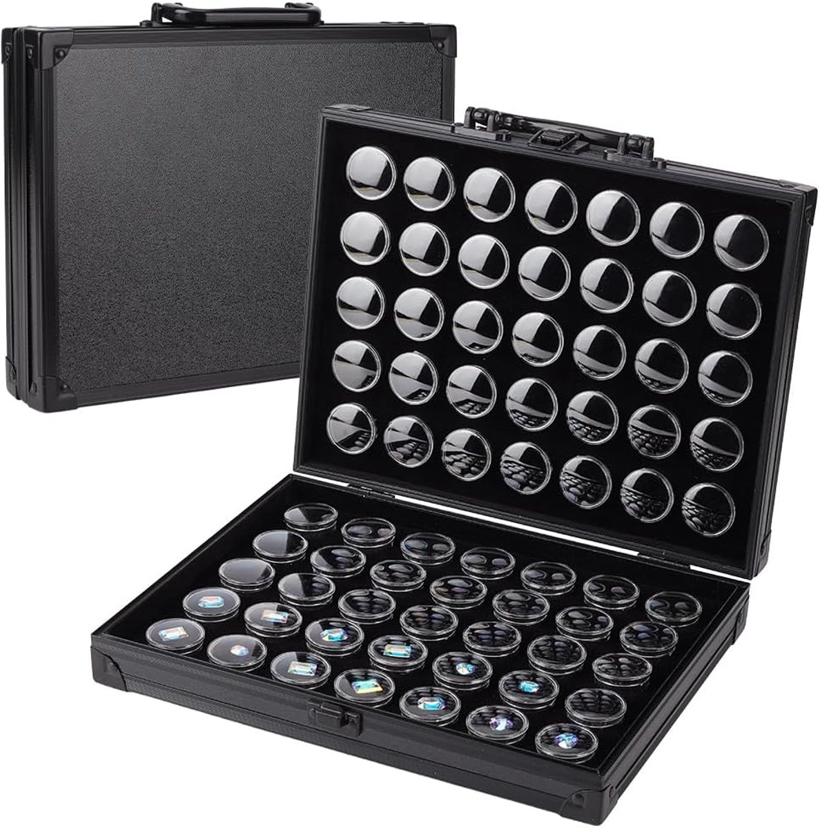 SnelShoppen - Sieradenstandaard opbergdoos voor edelstenen, 70 stuks, 32 x 18 mm, ronde transparante displays voor kleine sieraden, zwart, perfect voo