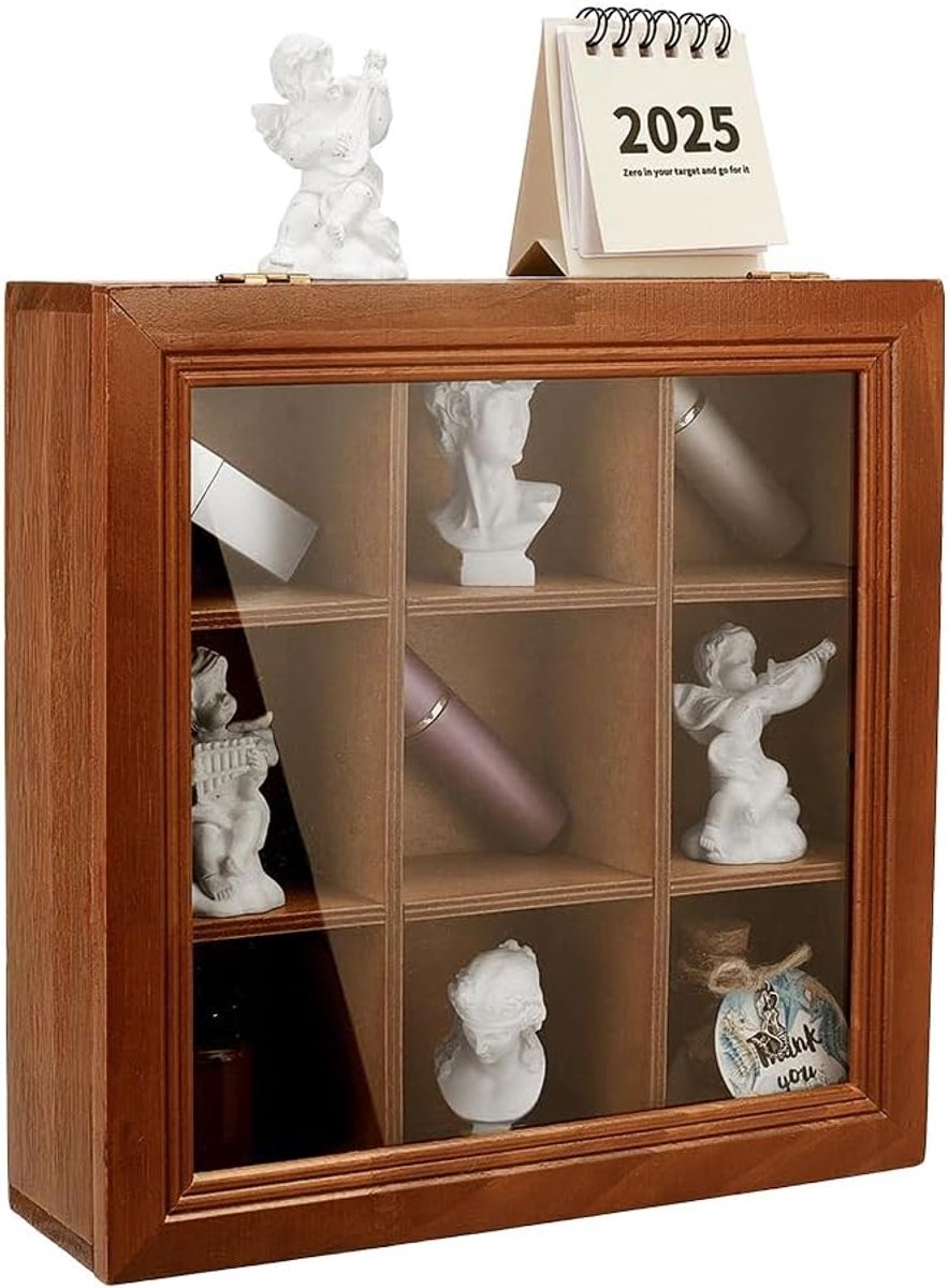 SnelShoppen - Mini-display met 9 vakken van hout met transparant deksel voor sieraden, armbanden, horloges, ringen, oorbellen, accessoires - 24 x 24 x
