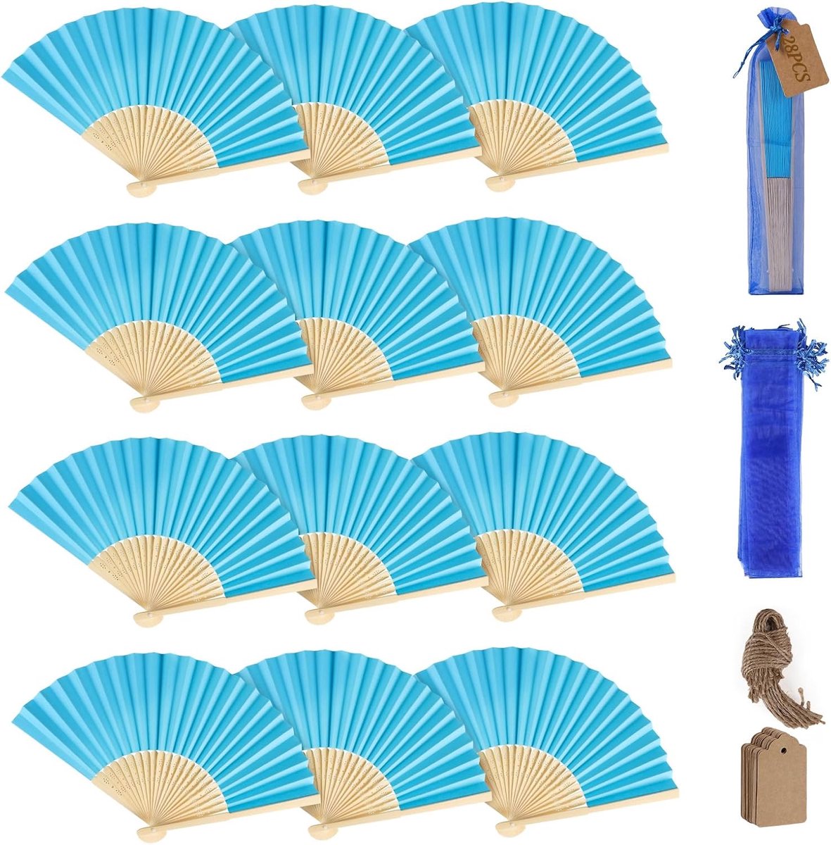SnelShoppen - 28 Stuks Blauwe Papieren V Fans, Vouwfans met 30 Organza Tassen & Bedankkaarten, Trouwen, Doop, DIY Feestdecoraties