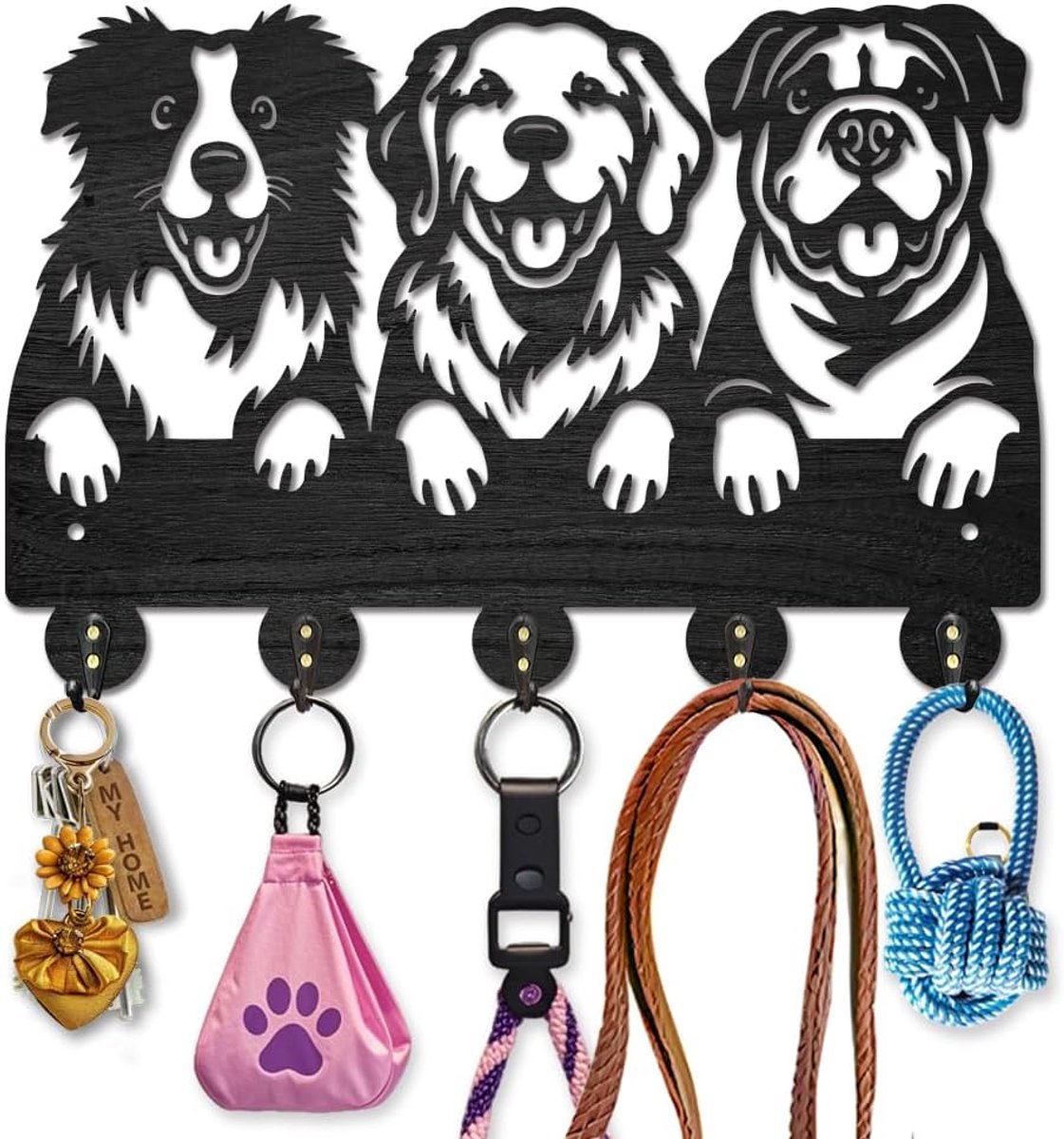 SnelShoppen - Houten Hond Haak Wandbevestigd 30x20cm Schattige Hond Sleutelhouder met 5 Zwarte Metaal Haken voor Entree, Woonkamer, Keuken Decoratie