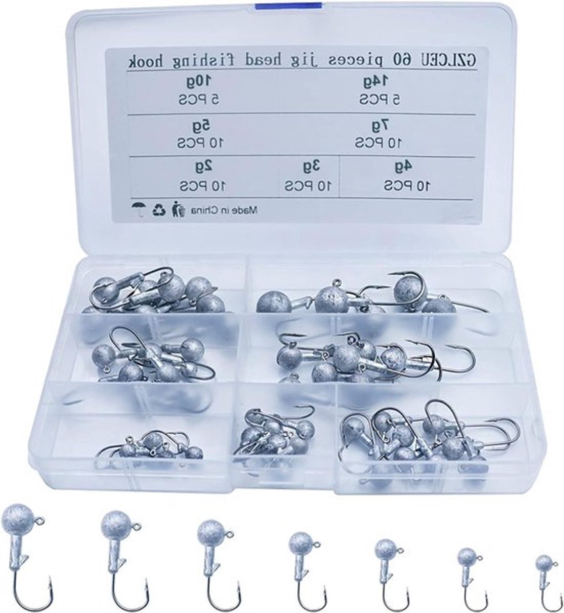 Set van 60 Jig Haakjes met Ronde Jigkop voor Rubber Vissen - Diverse Gewichten 2g tot 14g voor Roofvisserij