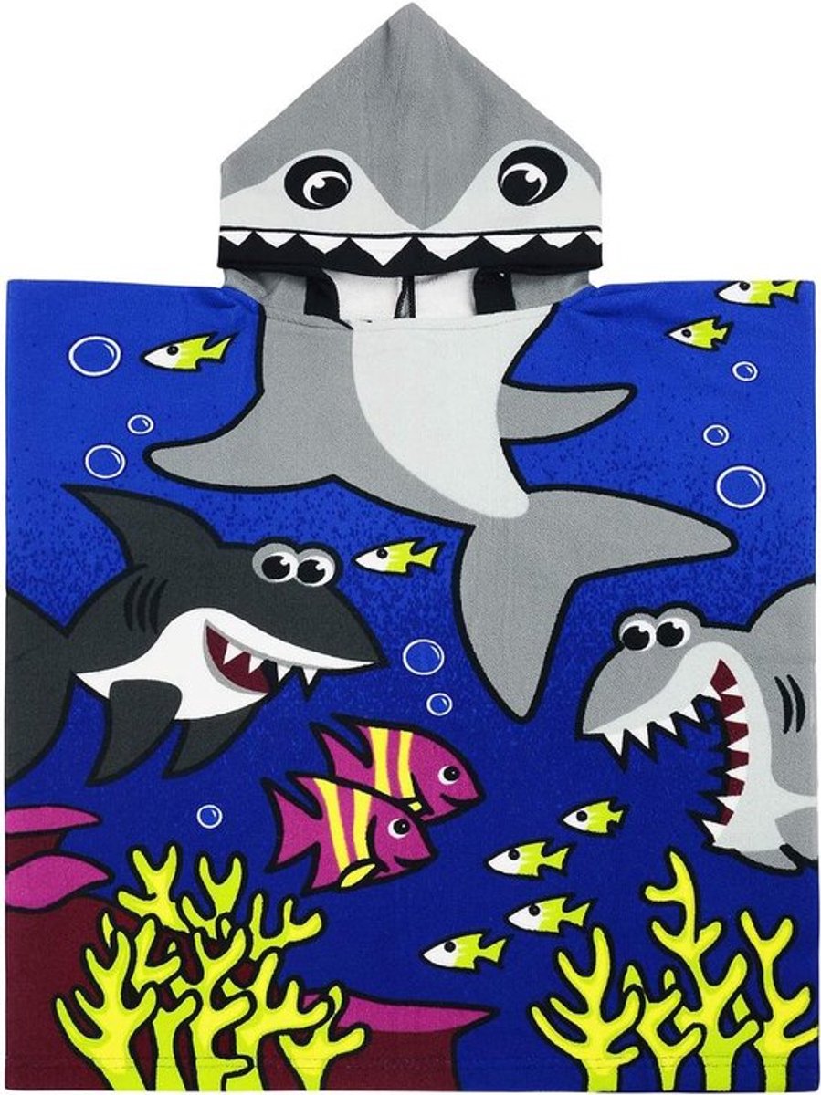 Badcape met capuchon voor kinderen, schattige cartoon poncho-handdoek voor jongens en meisjes, zacht en absorberend (Blauwe Haai)