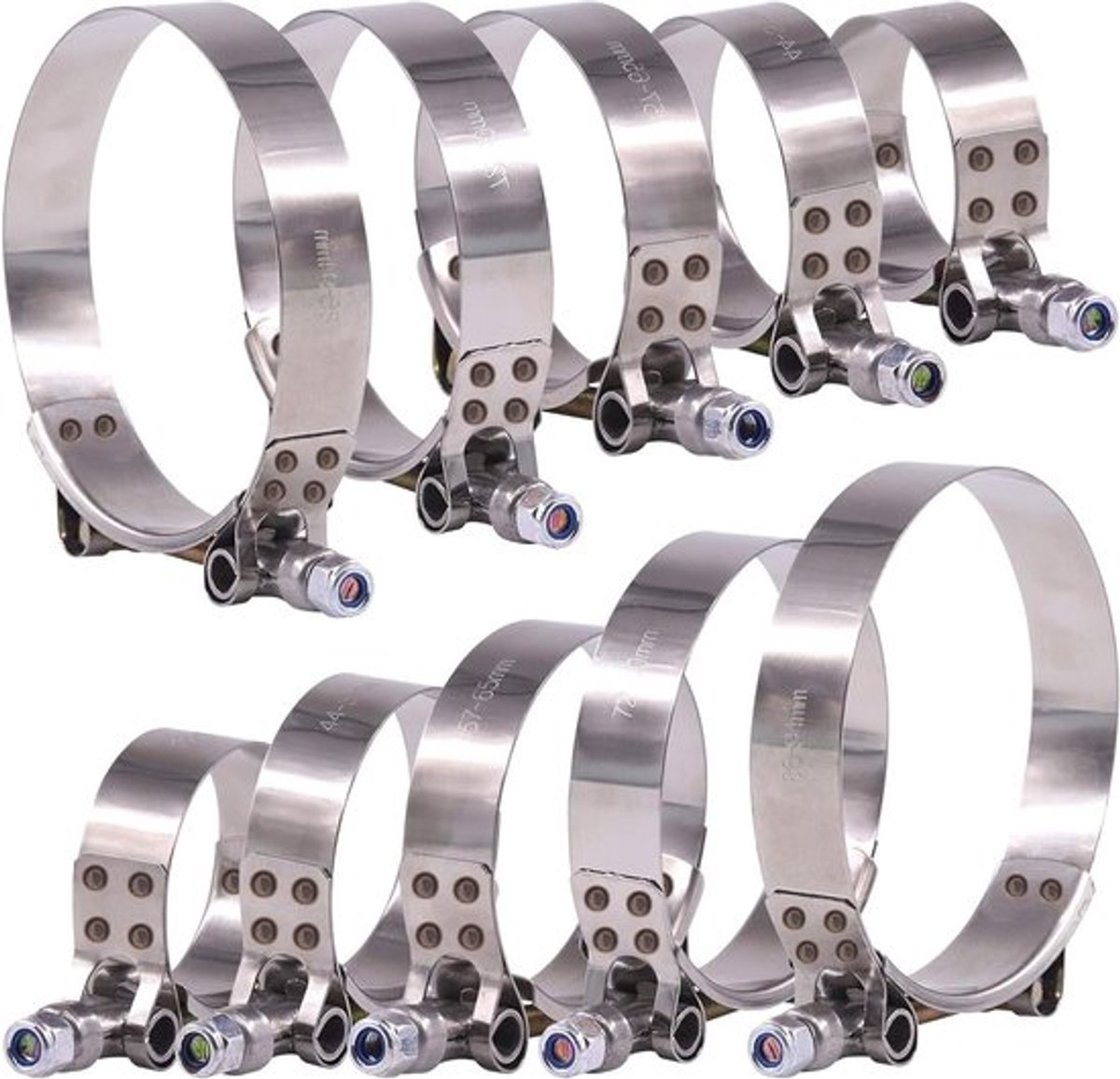 Hoge kwaliteit T-boutslangenklemmen set voor turbo- en koelerslangen, 10 stuks, 38-94 mm, diverse maten