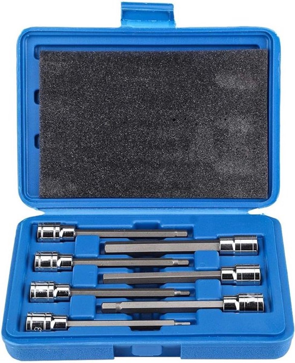 Complete Set van 7 Extra Lange Hex Bit Socket 3/4/5/6/7/8/10mm voor Reparatie met Stevige Opbergdoos en Hoogwaardige Gereedschapservaring