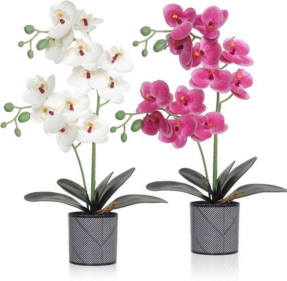 Kunstmatige orchideeën in plastic vaas, 2 stuks, voor tafeldecoratie, huisdecoratie, bruiloften en evenementen (paars en wit)