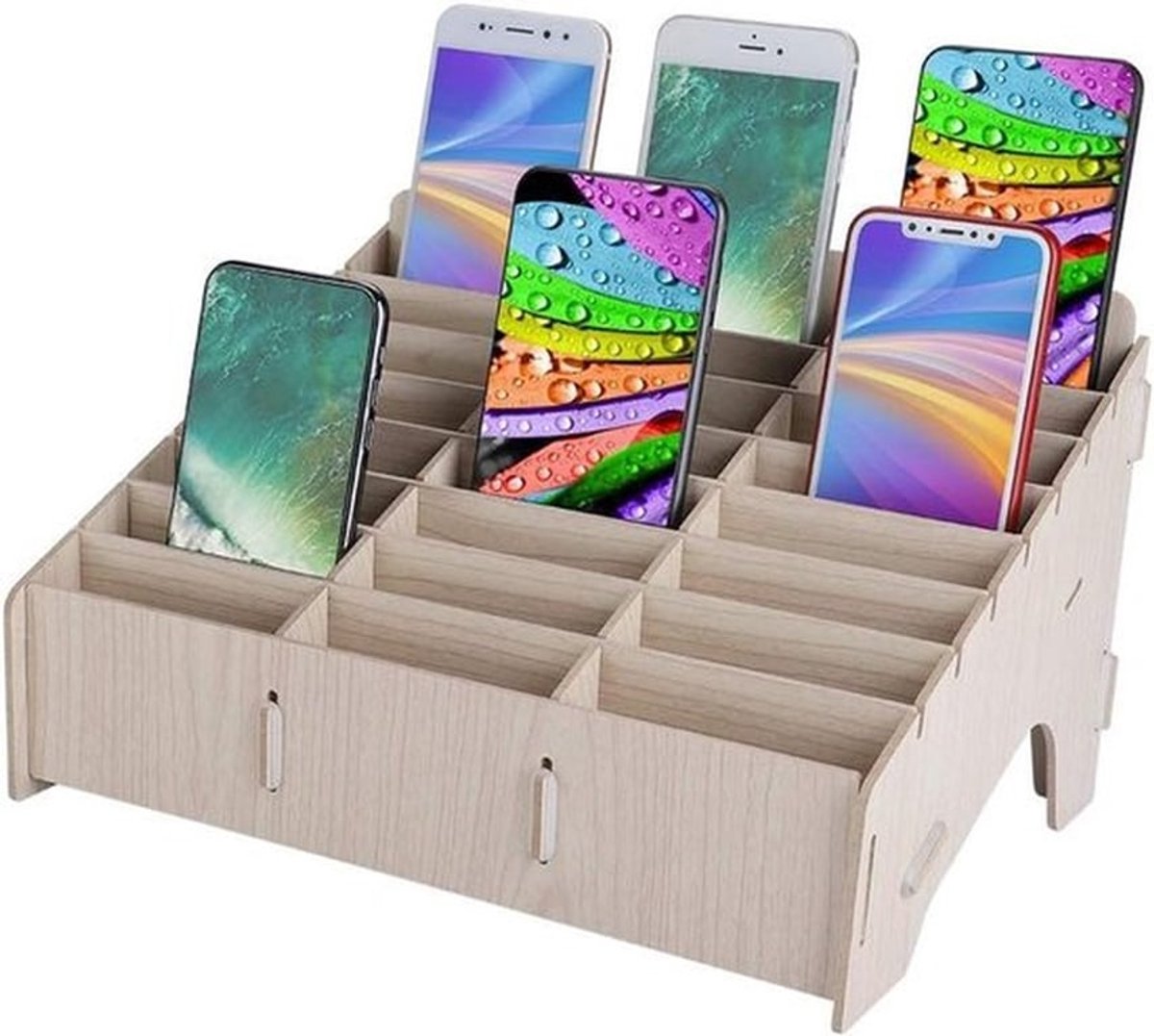 Creatieve Houten Opbergdoos voor Mobiele Telefoons - Desktop Organizer voor Klaslokalen, Kantoor en Meerdere Telefoons met Girdlesysteem