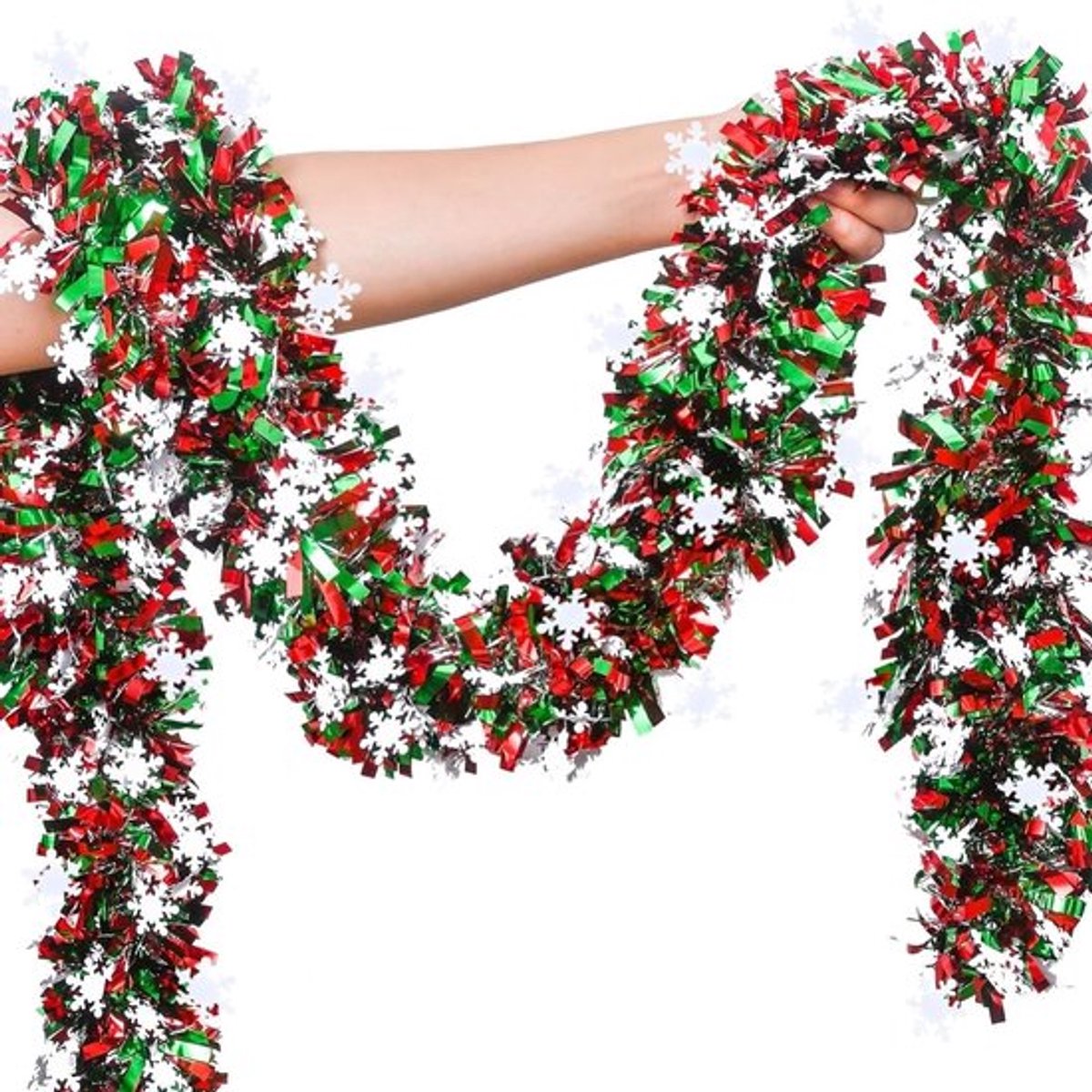 10M Kerst Tinsel Garland met Sneeuwvlokken, Rood Groene Metallic Versiering voor Kerstboom, Winterbruiloft en Feestjes