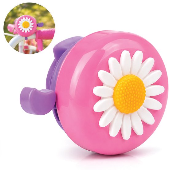 Roze fietsbel met paarse hendel, versierd met een witte zonnebloem met gele kern.