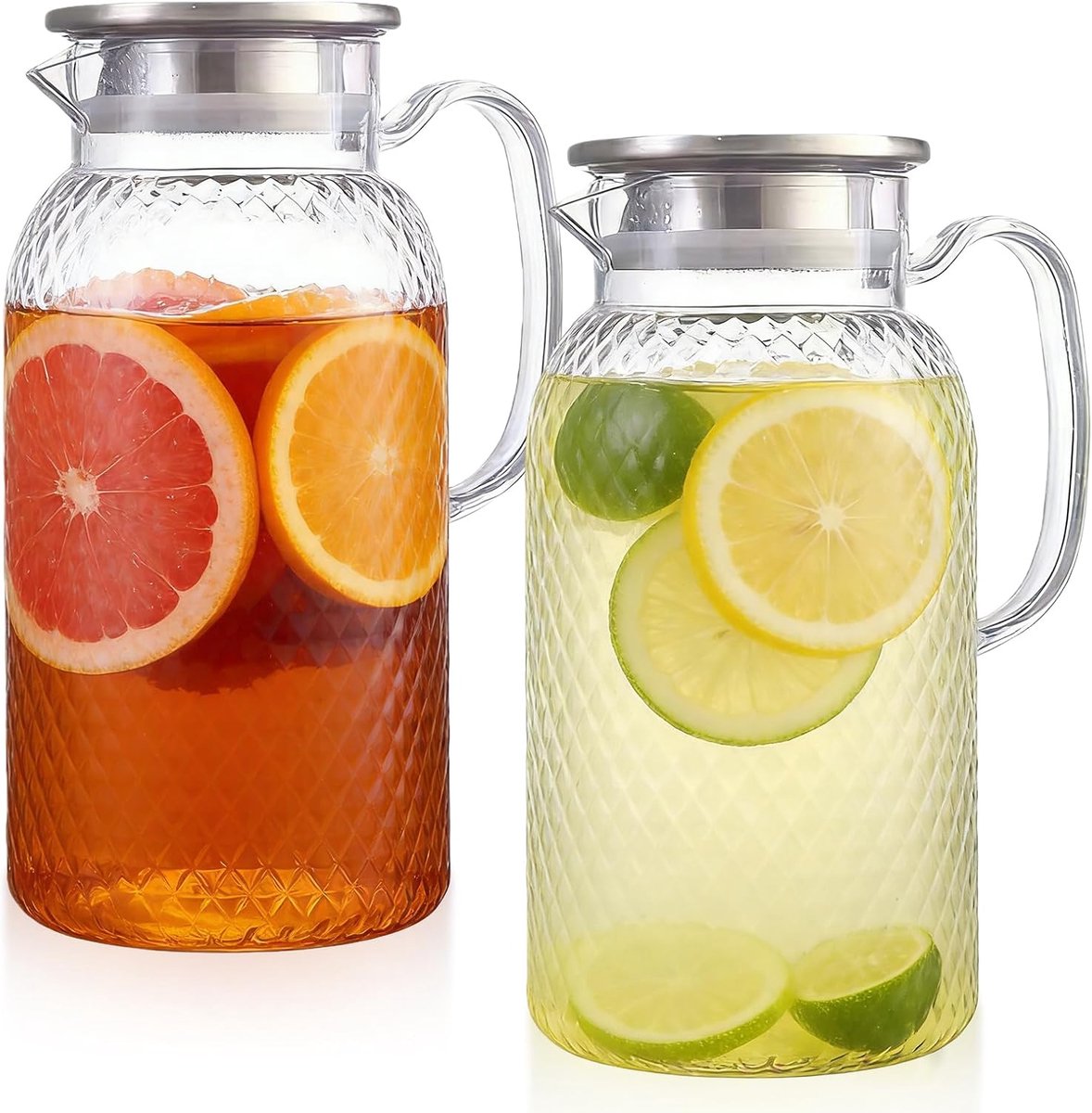SnelShoppen - 2 Stuks Plastic Kruik met Deksel, 1.8 Liter Waterkruik voor Koelkast, Waterkaraf met Handvat, Ijsthee Kan, Transparante Sapkan, Koelkast
