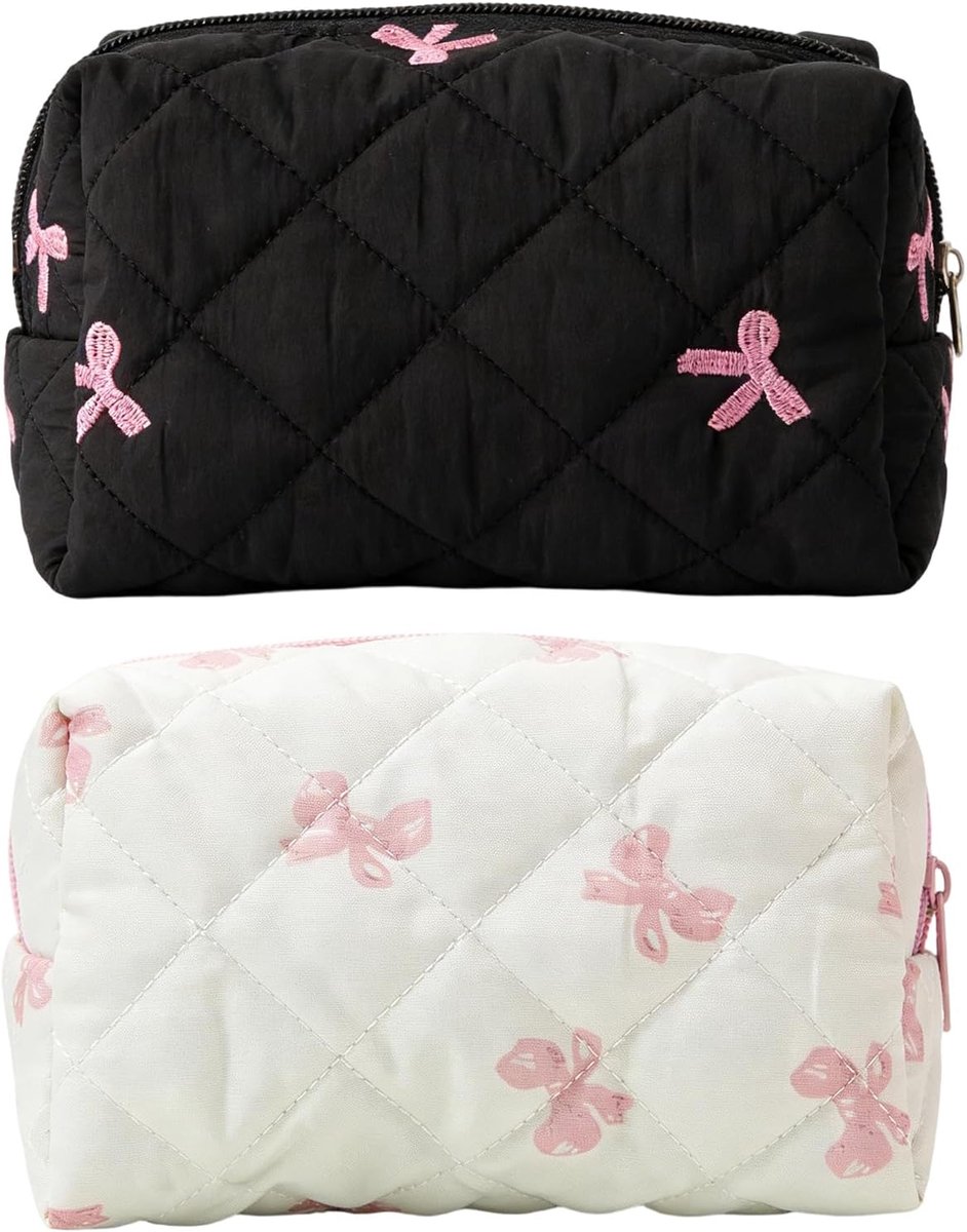 SnelShoppen - 2 x Kleine Cosmetica Tas Multifunctionele Reis Organizer met Gegraveerde Textuur en Strik met Parels Zwart en Wit, Roze en Zwart