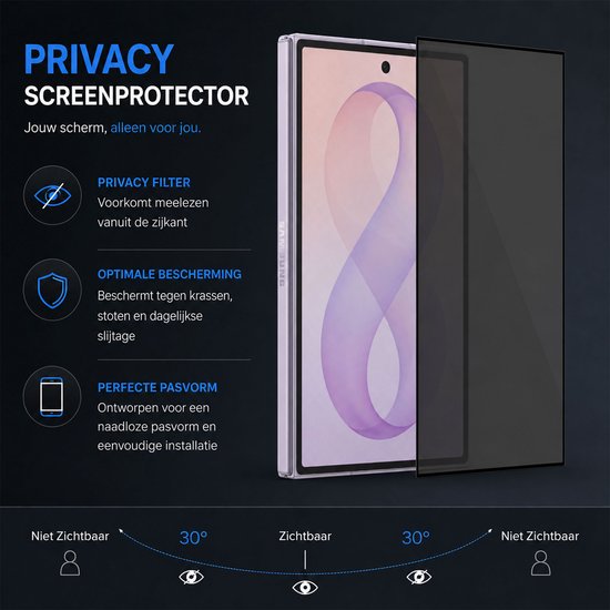 Privacy screenprotector op een telefoon met lila patroon. Weergave met zichtbaarheid op 30 graden.