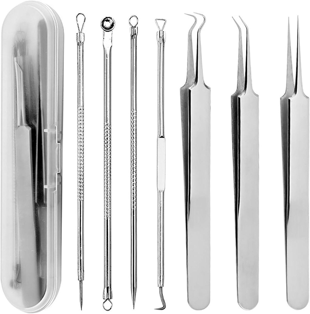 Mee-eterverwijderaar Set - Huidverzorging Tools - Gezichtsreiniging - Roestvrij Staal - 7 Delig - Zilver