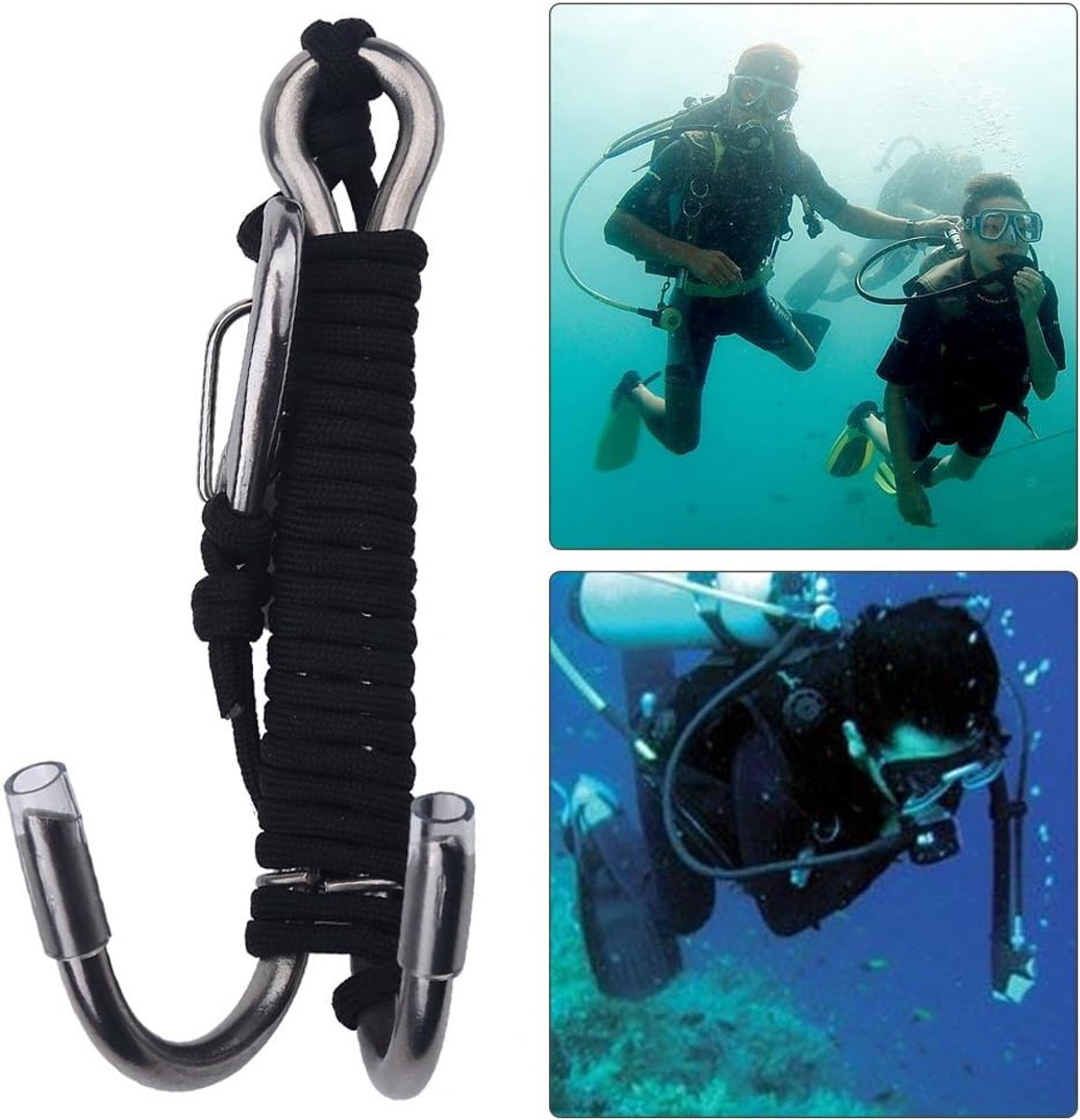 SnelShoppen - Duurzame Duik Dubbele Haak, RVS Scuba Dubbel Rif Haak met Lijn voor Grotten Duiken Onderwater Fotografie Veiligheidsuitrusting (Zwart)