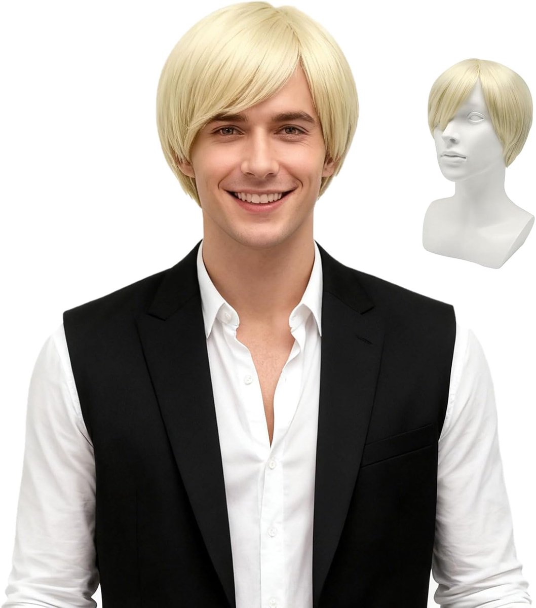 Korte blonde mannenperruque - synthetisch haar - zijscheiding met franjes - perfect voor kostuumfeest - ShopVlot