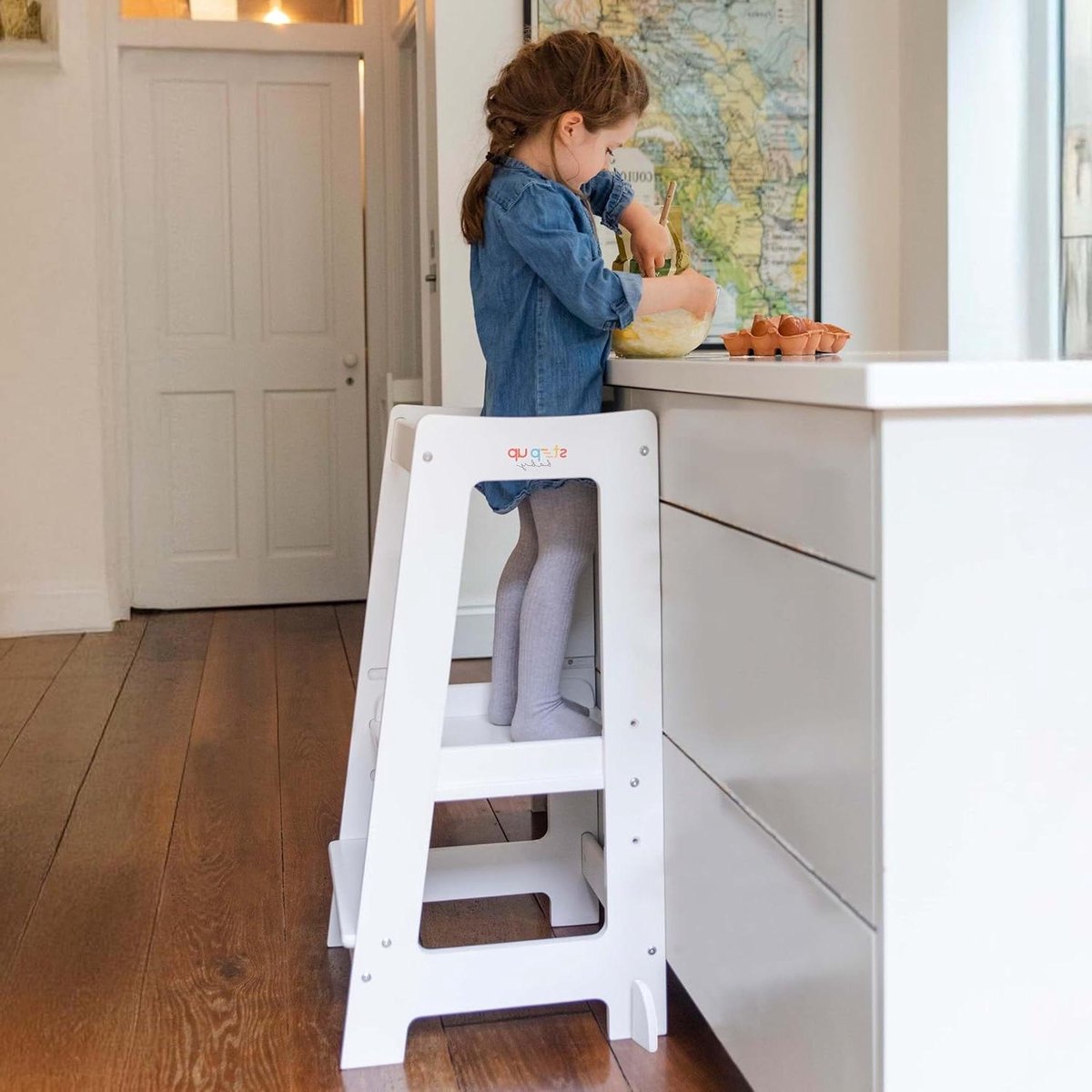 Kinder Keuken Toren - Hulpje Staand - Helpen bij Koken - Verstelbaar Hoogte - 42x42x85 cm - Wit