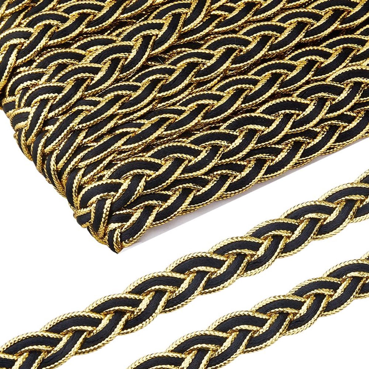 SnelShoppen - 20 Yards Metallic Braid Trim 13mm Gouden Vlechtrand Zwart Polyester Gevlochten Kant voor Kostuum DIY Naaien Ambachtelijke Versiering Hom