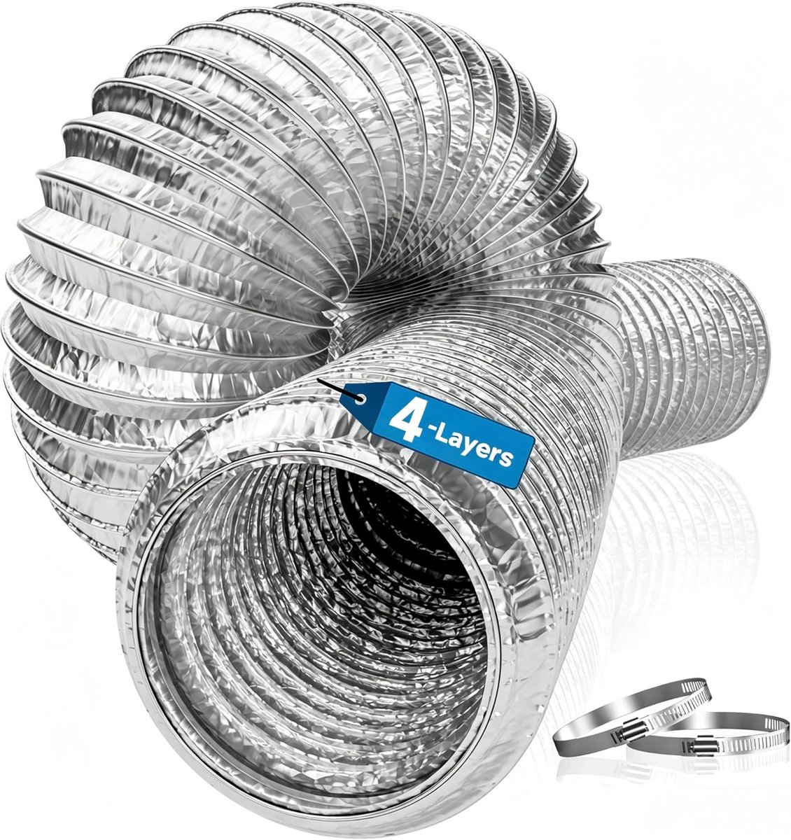 SnelShoppen - Aluminium Afvoerslang 100 mm Lengte 5 m Geïsoleerd 4 Laags Verstevigd Universele Droger Slang, Flexibele Aluminium Buis met 2 Slangklemm