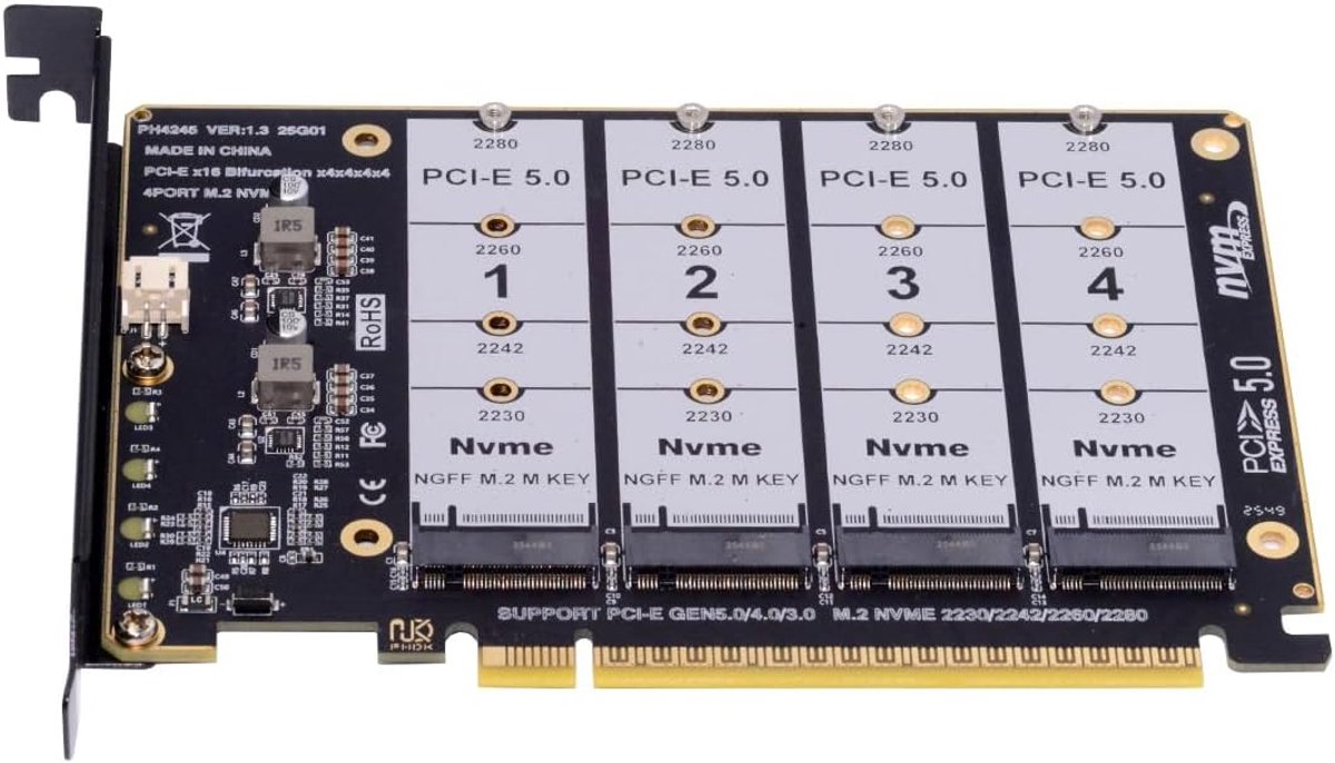 SnelShoppen - PCIe Express 5.0 Gen5 Gen4 X16 Afneembare Bifurcatie Raid Kaart naar 4X NVME M.2 NGFF SSD VROC Raid0 Hyper Adapter voor Gaming en Dataop
