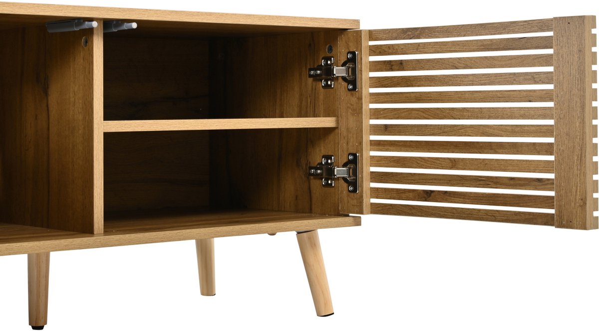 FloraGrace Tv Meubel - 4 Deuren Met Kabeldoorvoer En 6 Verstelbare Vakken - Voor Woonkamer En 75 Inch Tv - MDF En Spaanplaat - Natural - 180x40x46 Cm