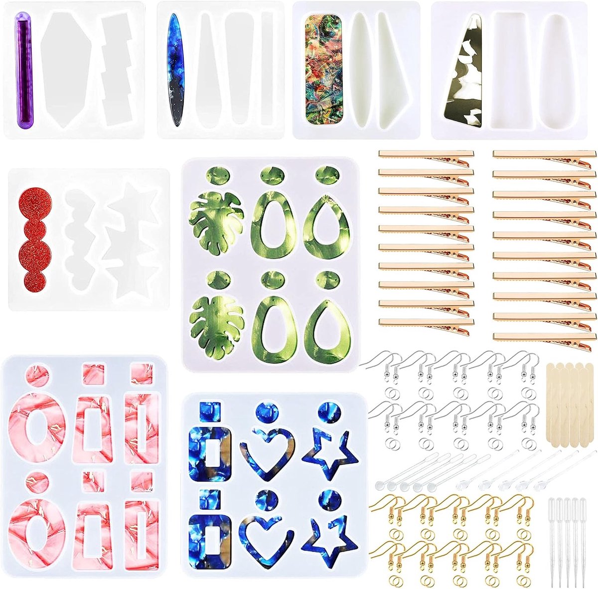 SnelShoppen - 54 Stuks Haarspeld Silicone Malen Gieten Malen en Oorbellen Sieraden Hars Vorm Set, 8 Stuks Gieten Malen Hars Vorm, Haarspeld Oorbellen