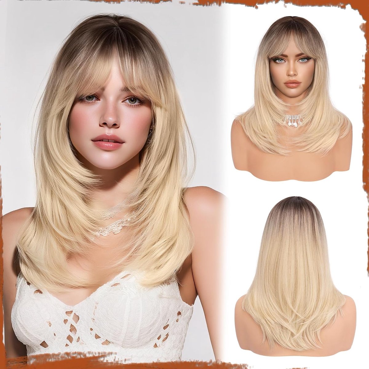 SnelShoppen - 20 Inch Lange Blonde Haarstuk met Pony voor Dames, Natuurlijke Synthetische Haarperruque voor Feest, Cosplay en Dagelijks Gebruik