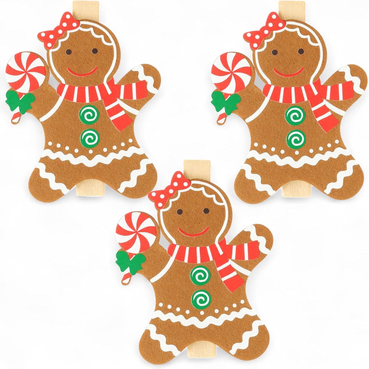 SnelShoppen - Set van 3 vilten kerstklemmen voor geschenkverpakking, liefdevolle kerstdecoratie van vilt en hout, klassiek design, peperkoekvrouw, per