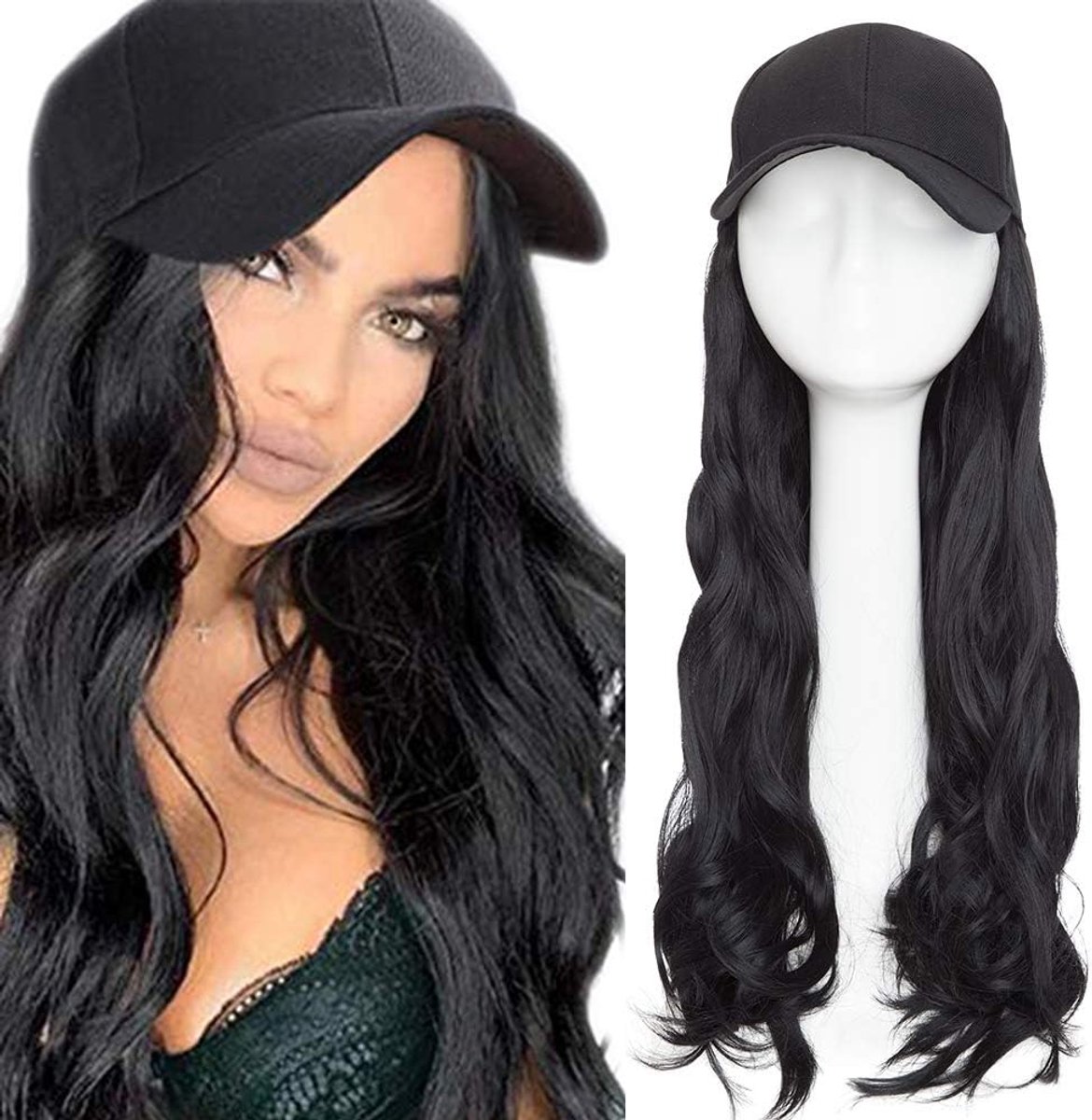 SnelShoppen - Baseball Cap met Synthetische Haar Extensions 40 cm Lang Golvend Haar voor Vrouwen - Zwarte Pet van 100% Katoen, Perfect voor Feestjes e