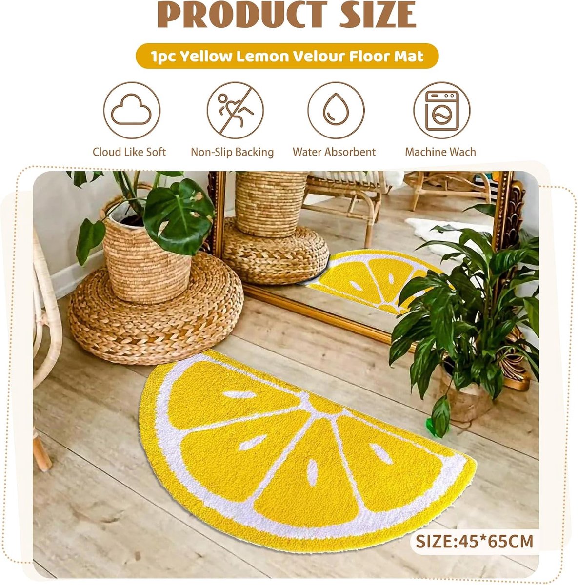 SnelShoppen - Zitronen Badteppich, Gele Bademat Rutschfest en Waterabsorberend, Badmat 45 x 65 cm, Schattige Duschmatte voor Badkamer, Modern en Speel