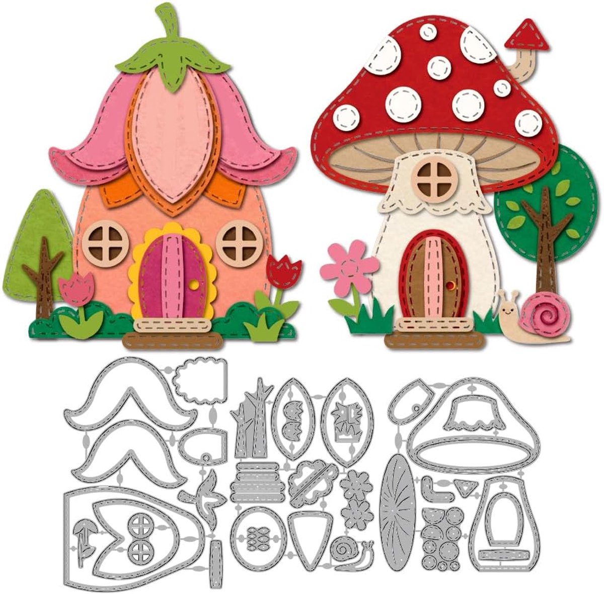 SnelShoppen - Stansmallen Set voor Kaarten Maken - Betoverende Fairy House, Paddenstoel, Tulp, Slak en Boom Motieven - Ideaal voor Scrapbooking en Dec