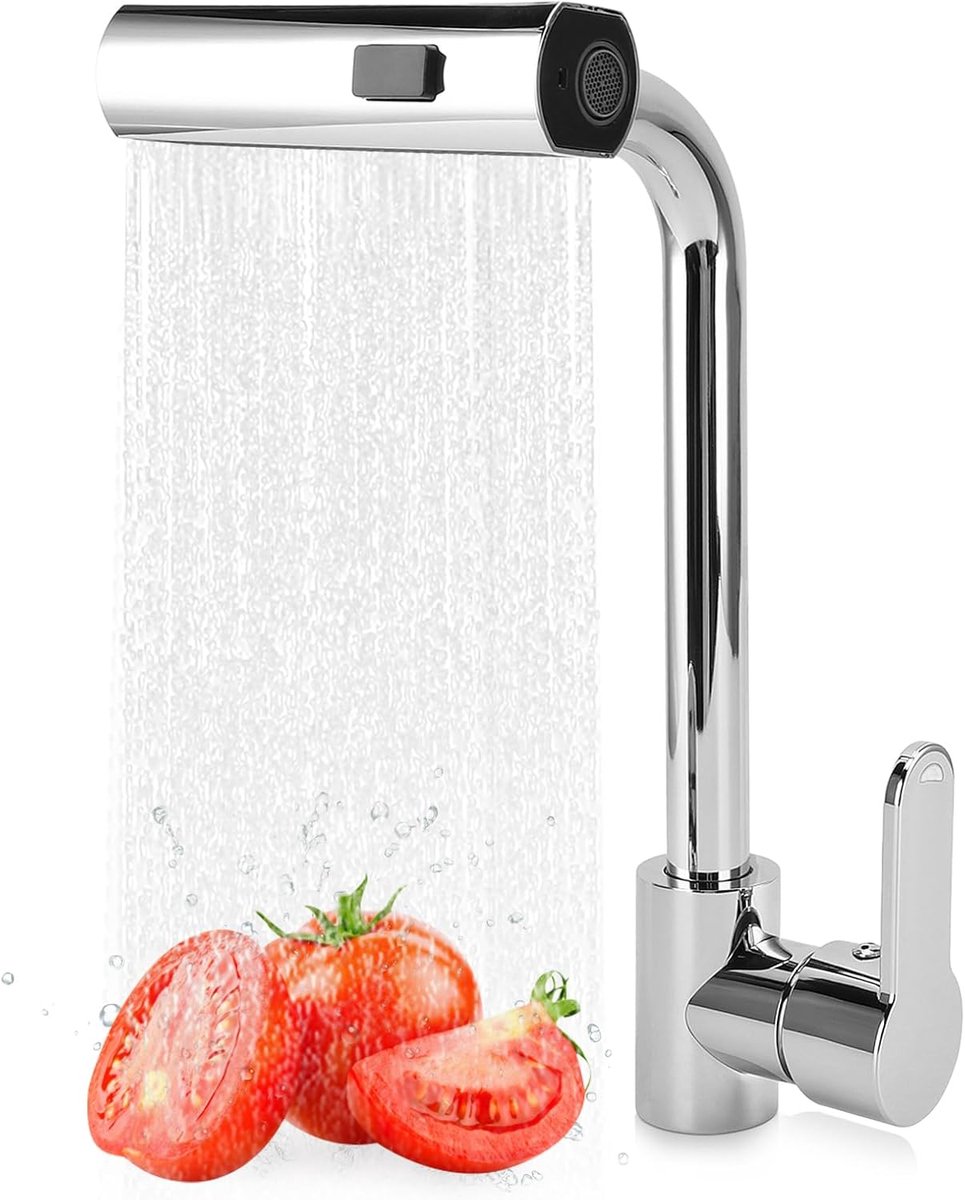 SnelShoppen - Koper Waterval Keukenkranen met 3 Waterstanden, 360 Graden Draaiend, Enkelhandig, Zilver, 31 x 14 x 19cm - Perfect voor Keuken en Badkam