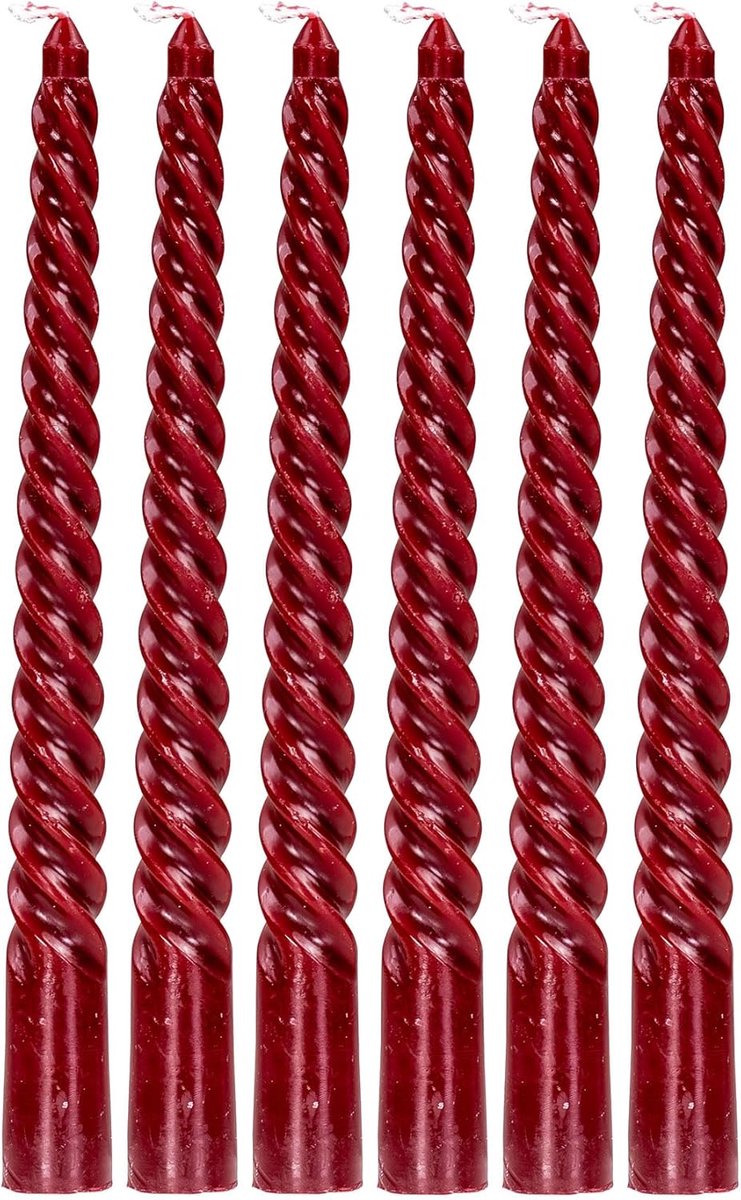 SnelShoppen - Set van 6 Rode Kaarsen, Gedraaid, Hoogte 20 cm, Stompkaarsen, Tafelkaarsen, Spiralkaarsen, Tafeldecoratie voor Romantische Gelegenheden