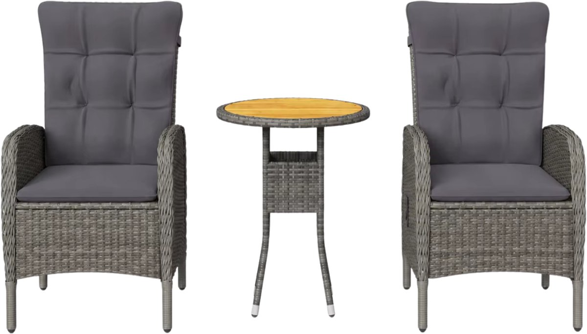 Tuinbistroset 3-Delig Grijs – Poly Rattan Set met Verstelbare Stoelen & Kussens - - Weerbestendig Stalen Frame