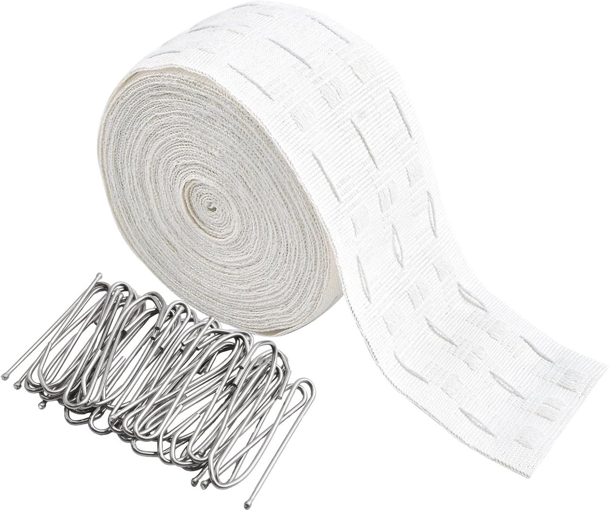 SnelShoppen - 10m Gordijnband met Diepe Plissé, Witte Band voor Mesh Gordijnen, Inclusief 50 Stuks Enkele Haakjes, Sterk en Duurzaam