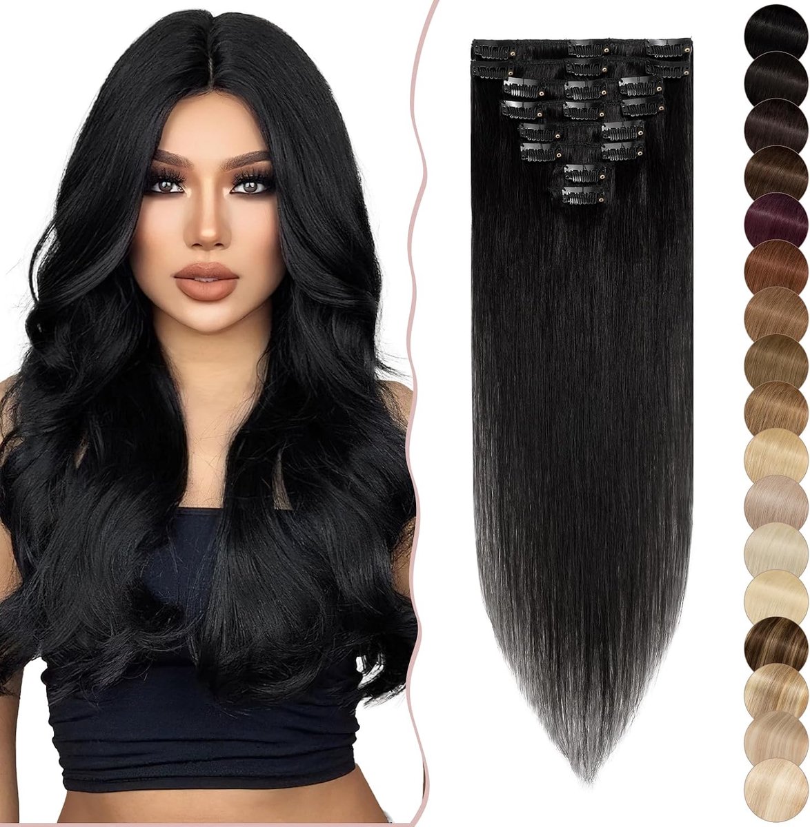 SnelShoppen - Clip-In Haarextensions, 100% Remy Mensenhaar, Zijdezacht, Steil, 8 Strengen, 45 cm, Zwart, Dun, Perfect voor Feest of Dagelijks Gebruik