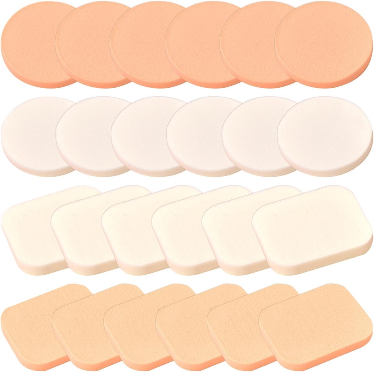SnelShoppen - 24st Makeup Sponsjes Set, Ronde en Rechthoekige Poederkwasten, Voor BB Cream, Poeder, Primer, Wit en Huidskleur, Geschikt voor Droog en