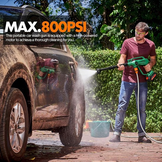 Hogedrukreiniger - Draagbaar - 800 psi - Accu met 6-in-1 Mondstuk - Voor Auto en Tuin — afbeelding 4