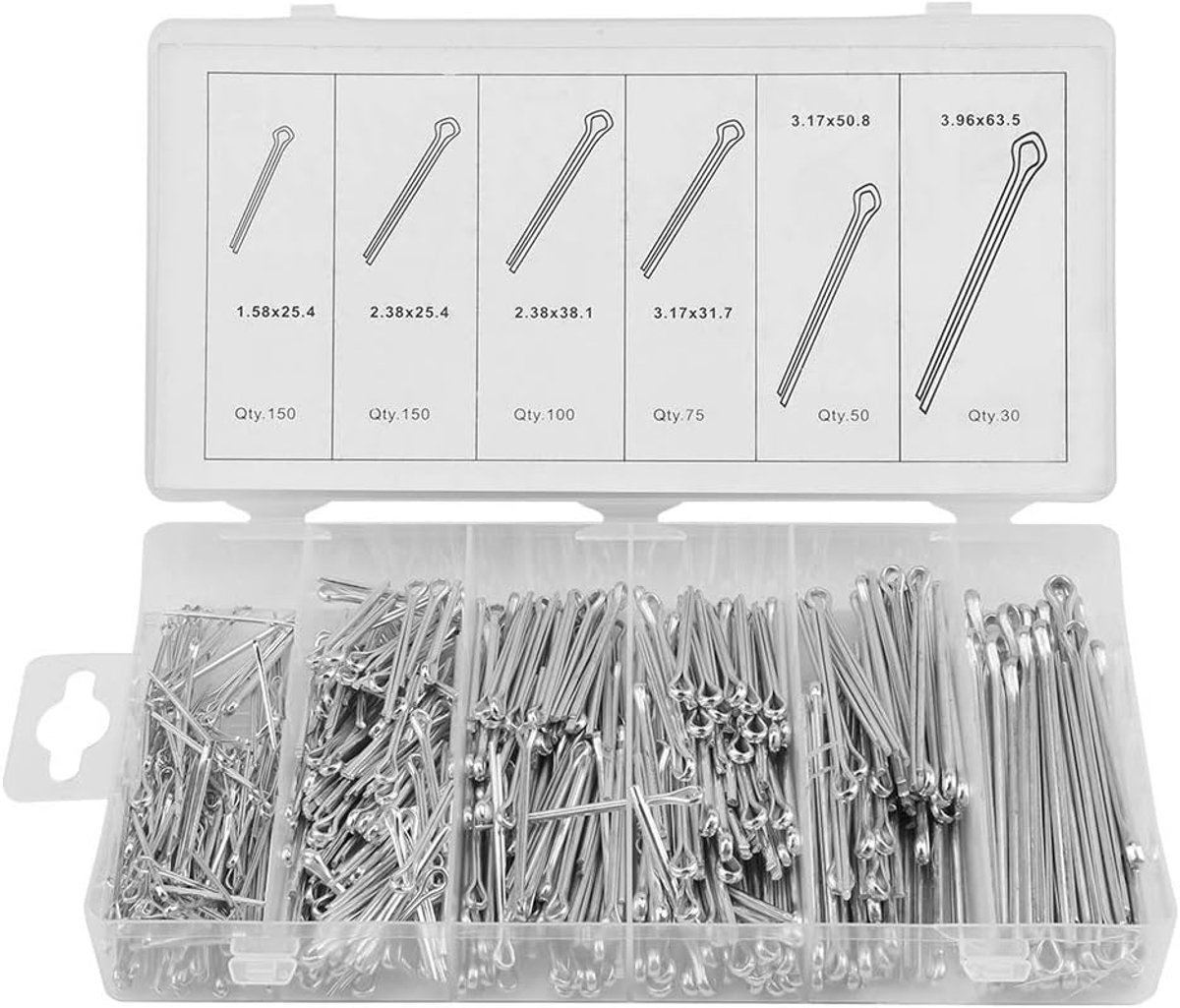 SnelShoppen - 555 Stuks Splintenset, Cotter Pins Assortiment voor Mechanisch Gebruik, Roestvrij Staal, Inclusief Koffer, Diverse Maten voor Garage en